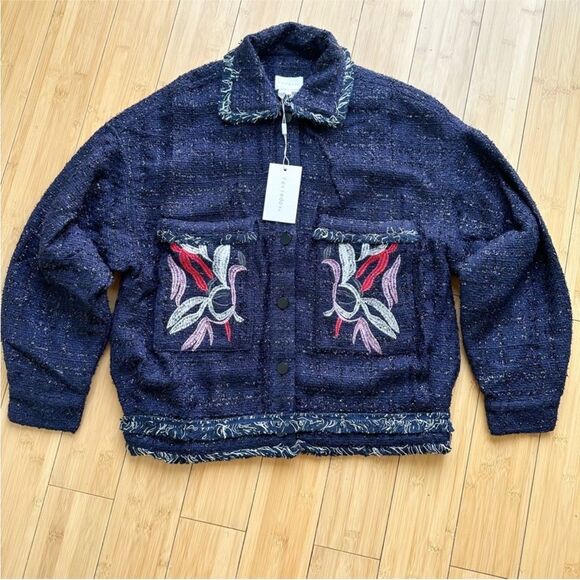 foxiedox Jackets & Blazers - NWT Foxiedox Embroidered Takeo Tweed Frayed Boho Blue Jacket Anthropologie